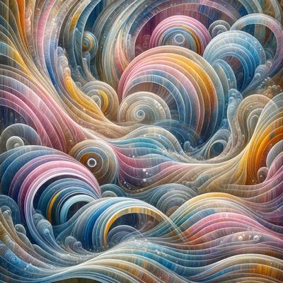 The primary subject of the image is a colorful, abstract painting featuring a swirling, ocean-like design. The setting is a wall, and the visual style is a combination of digital art and illustration. The painting is predominantly blue, with other colors such as pink, orange, and yellow adding to the vibrant atmosphere. The overall mood of the painting is dynamic and energetic, capturing the essence of the ocean's movement.